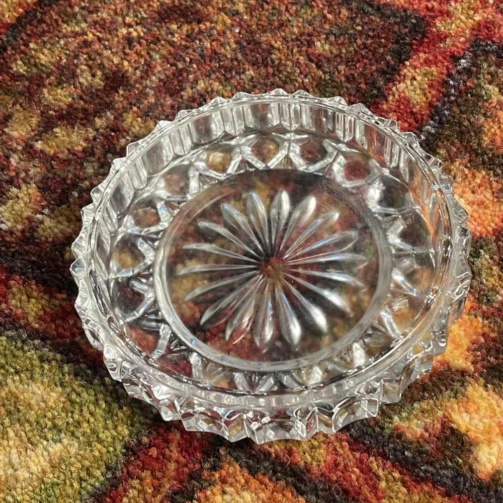 2 Clear Heavy Cut Glass Heart Shaped Trinket Vanity Box and Dish